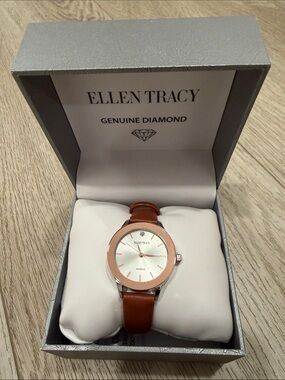 Ellen Tracy Rose Gold-Tone Case with Brown Leather Strap Watch